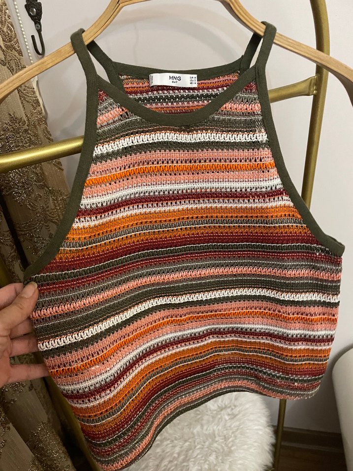 Bohem Çok Renkli Örgü Kolsuz Mini Üst - Görsel 2