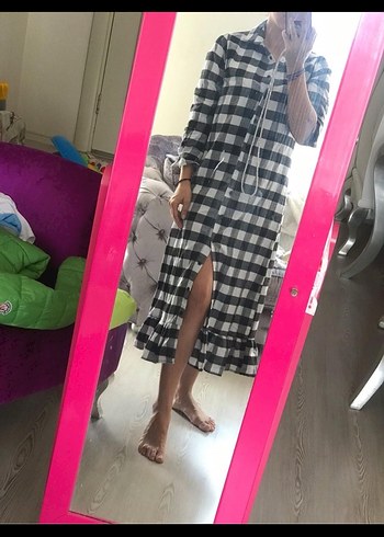 Gri Kareli Uzun Düğmeli Kadın Elbise - Görsel 2