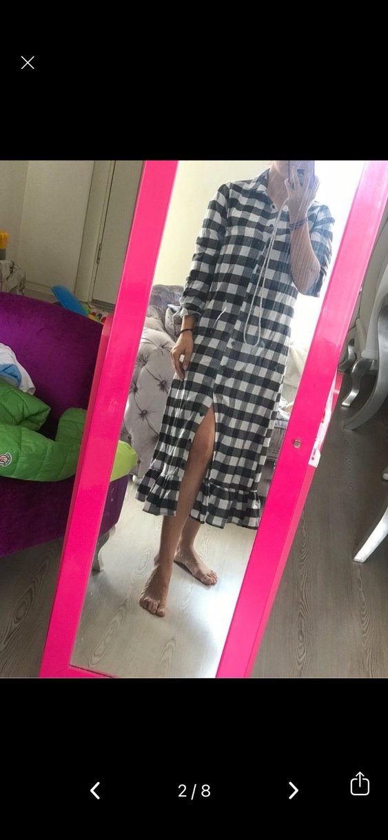 Gri Kareli Uzun Düğmeli Kadın Elbise - Görsel 2