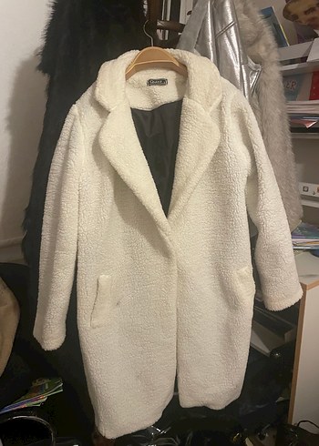 Ekru Midi Kadın Peluş Kaban - Görsel 2