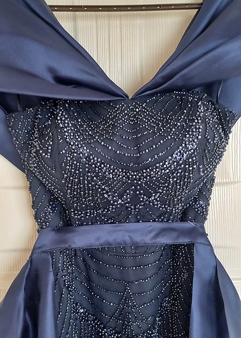 Lacivert İşlemeli Straplez Uzun Abiye Elbise - Görsel 9