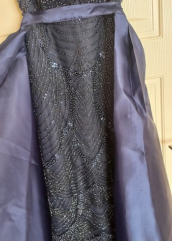 Lacivert İşlemeli Straplez Uzun Abiye Elbise - Görsel 7