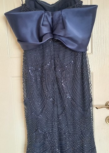 Lacivert İşlemeli Straplez Uzun Abiye Elbise - Görsel 4