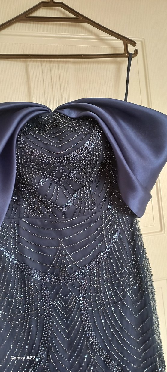 Lacivert İşlemeli Straplez Uzun Abiye Elbise - Görsel 3