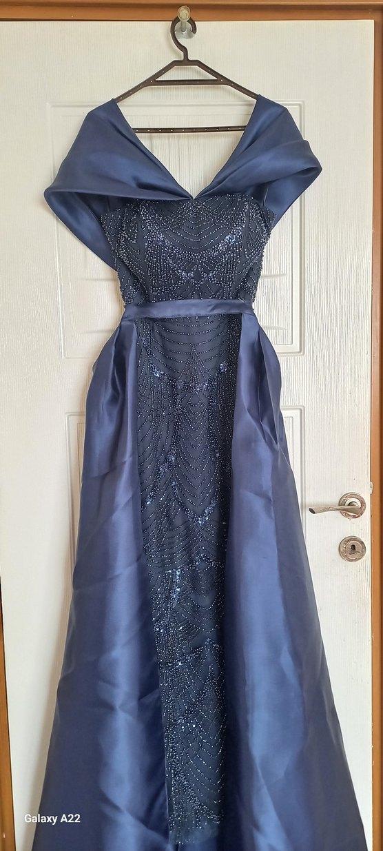 Lacivert İşlemeli Straplez Uzun Abiye Elbise - Görsel 2