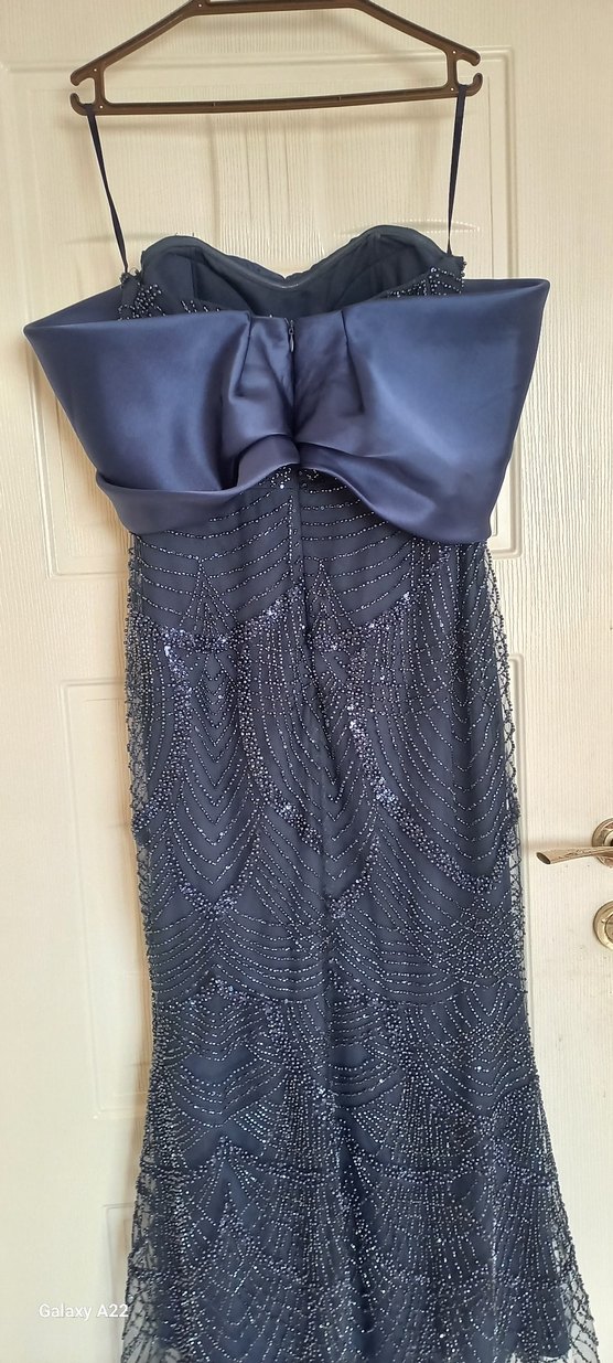 Lacivert İşlemeli Straplez Uzun Abiye Elbise - Görsel 4