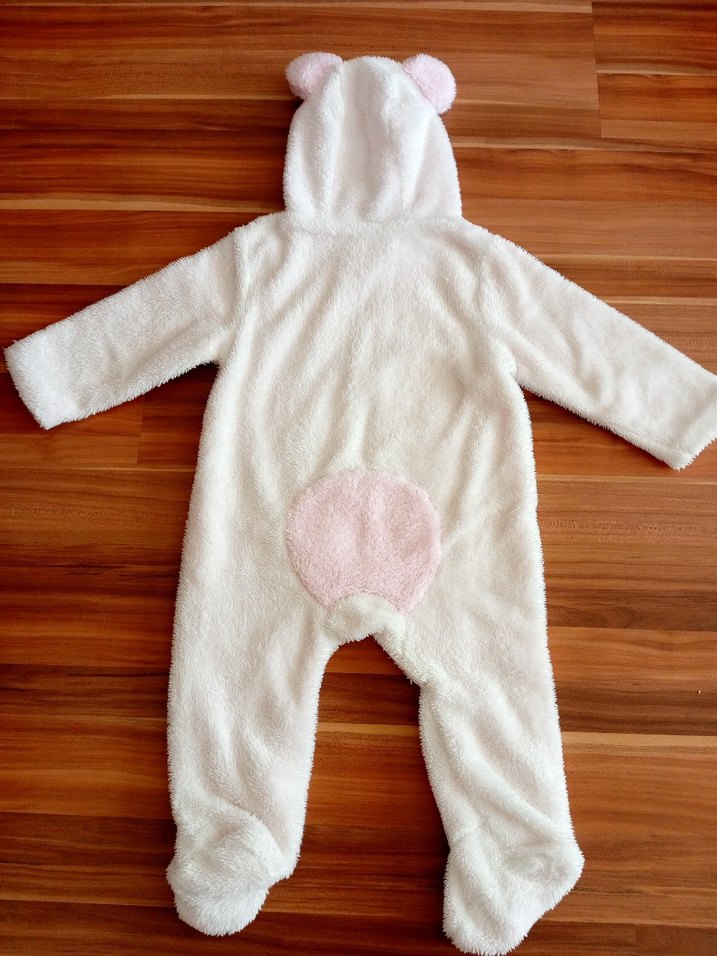 Beyaz Peluş Bebek Tulumu Kulaklı Kapüşonlu - Görsel 2