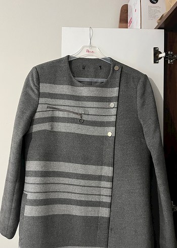 Çizgili Gri Uzun Yün Hamile Kabanı - Görsel 2