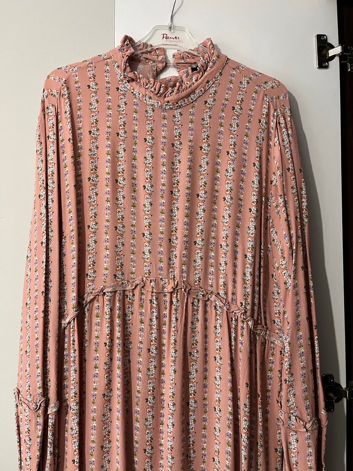 Pembe Bohem Uzun Kollu Fırfırlı Elbise - Görsel 2