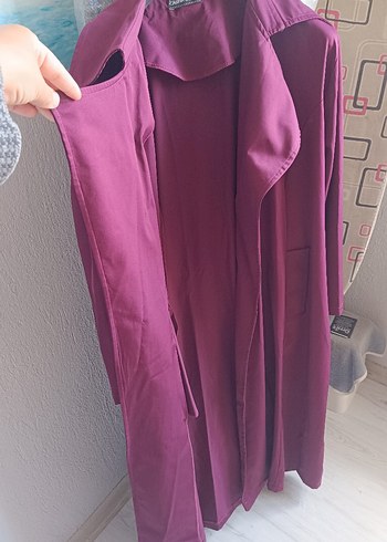 Mor Uzun Drapeli Kadın Kaban trençkot - Görsel 3