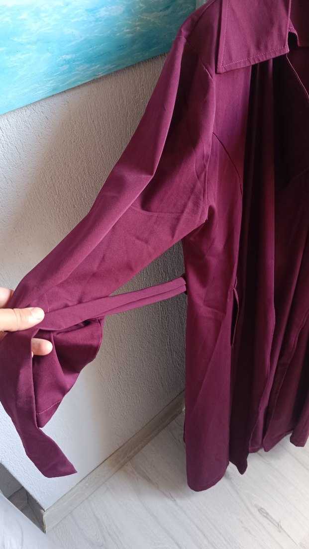 Mor Uzun Drapeli Kadın Kaban trençkot - Görsel 4