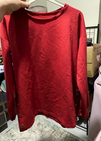 Düğmeli Kırmızı Kadın Sweatshirt - Görsel 3