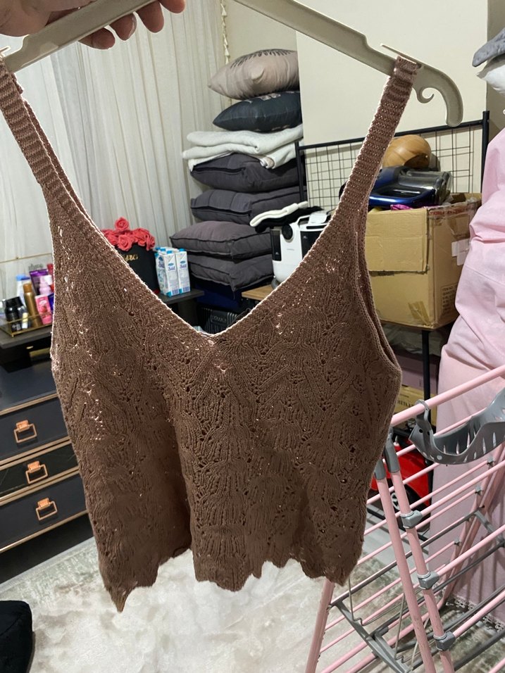 Kahverengi V Yaka Örgü Kadın Atlet - Görsel 2