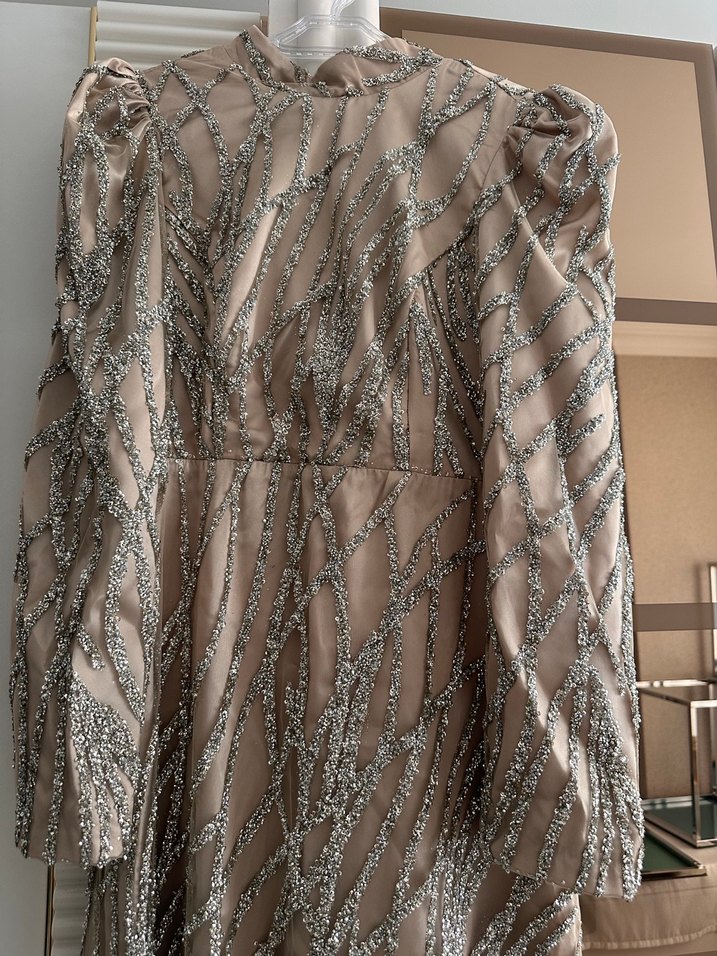 Bej İşlemeli Uzun Kollu Abiye Elbise - Görsel 5