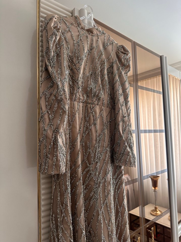 Bej İşlemeli Uzun Kollu Abiye Elbise - Görsel 3