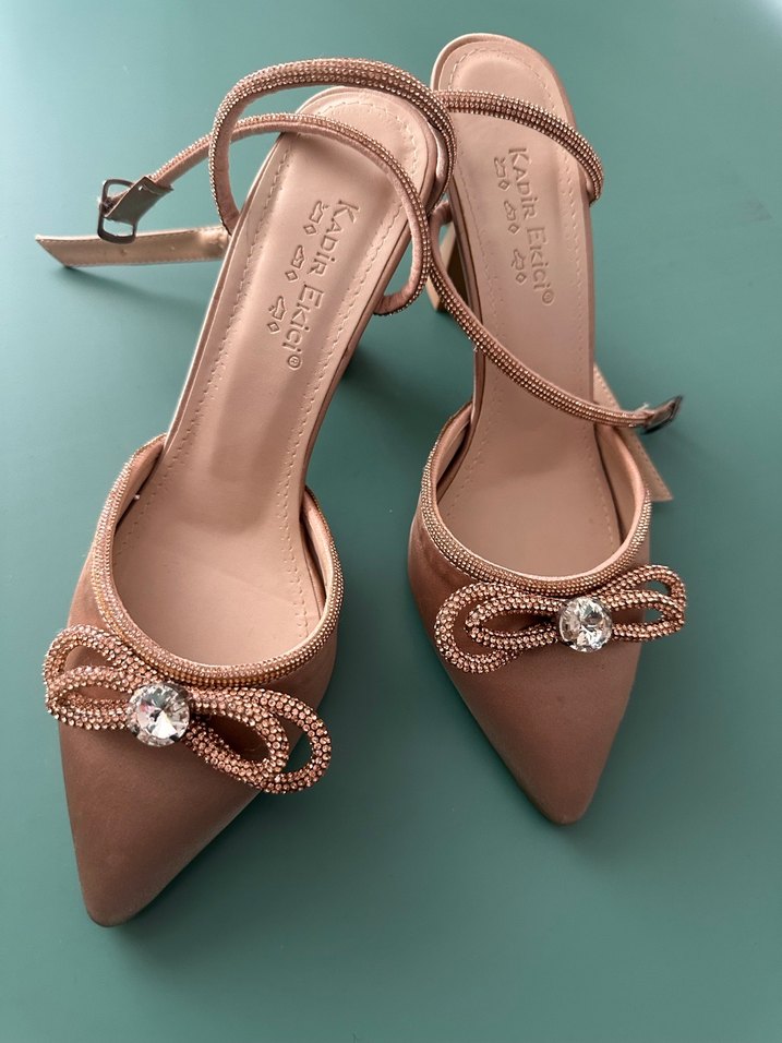 Bej Saten Stiletto Topuklu Kadın Abiye Ayakkabı - Görsel 2