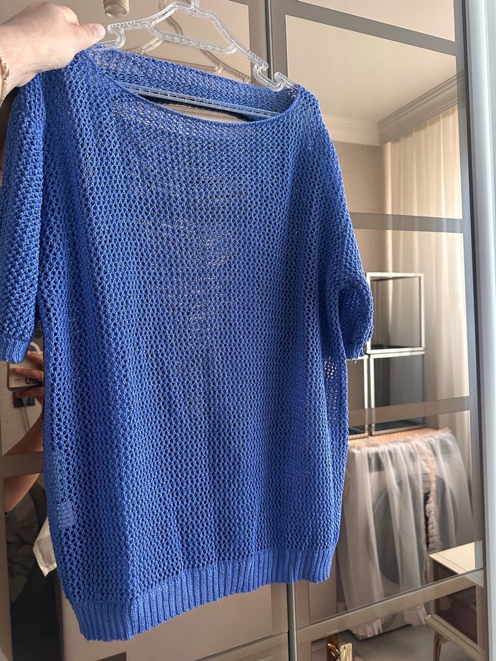Mavi Örgü Kadın Triko Midi Kazak - Görsel 5