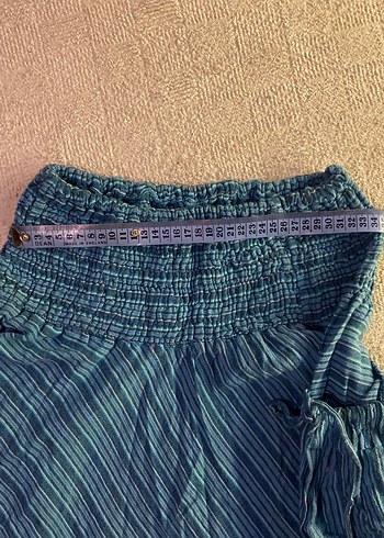 Mavi Pilili Keten Mini Bohem Kadın Pantolon - Görsel 2