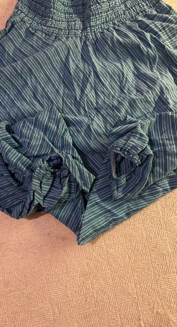 Mavi Pilili Keten Mini Bohem Kadın Pantolon - Görsel 3