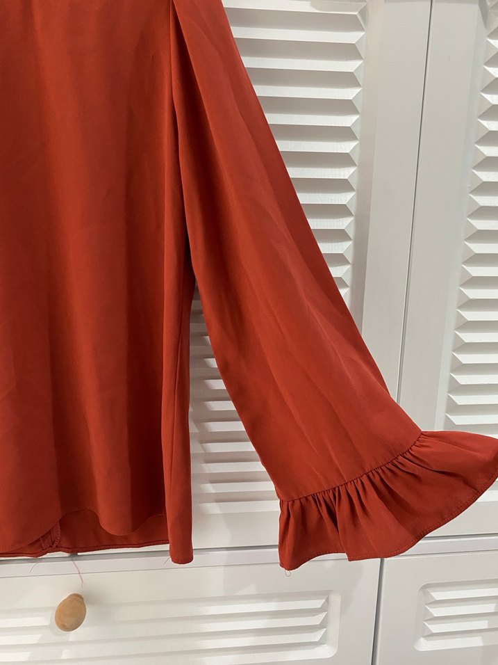 Uzun Kollu turuncu Fırfırlı Kadın Bluz - Görsel 2