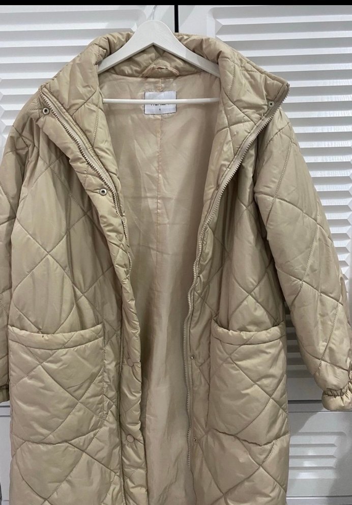 Bej Uzun Düğmeli Kadın Kapitone Mont - Görsel 2