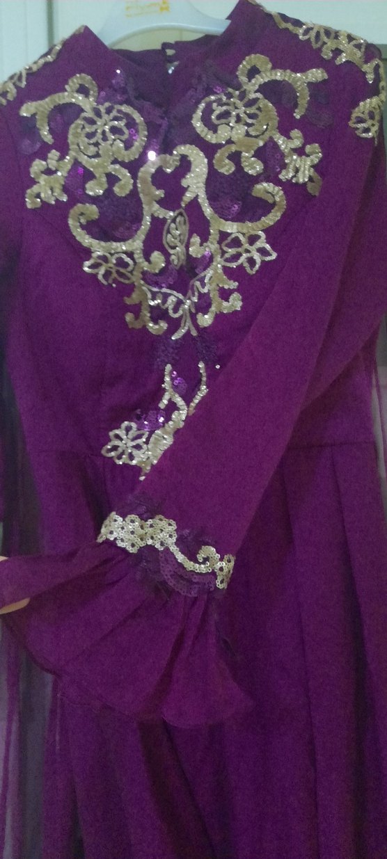 Mor İşlemeli Uzun Kollu Dantel Abiye Elbise - Görsel 3