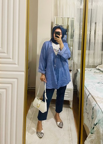 Uzun Kollu Gri Mavi Batik Desenli Denim Gömlek