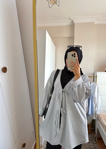 Gri Yüksek Yakalı Uzun Kollu Denim Tunik - Görsel 3