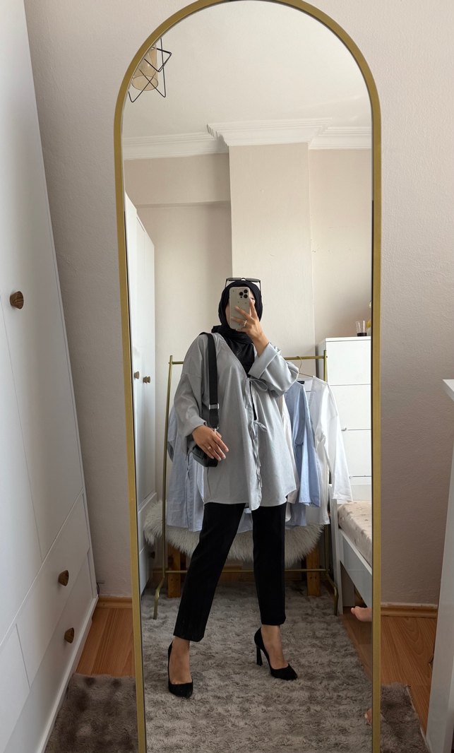 Gri Yüksek Yakalı Uzun Kollu Denim Tunik - Görsel 2