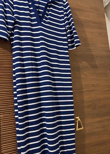 Lacivert Beyaz Çizgili Kısa Kollu Elbise - Görsel 2