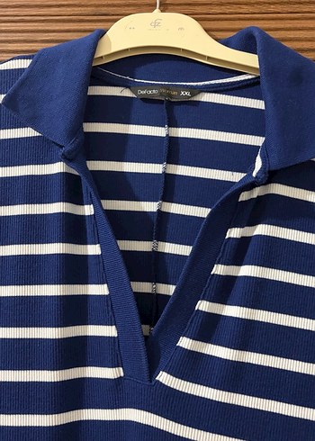 Lacivert Beyaz Çizgili Kısa Kollu Elbise - Görsel 3