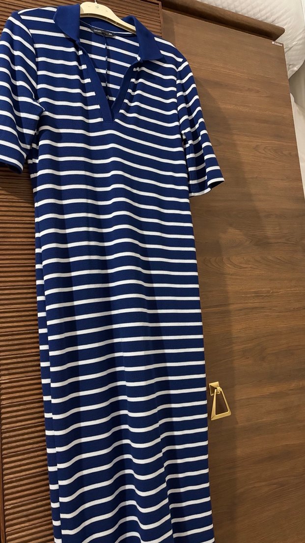 Lacivert Beyaz Çizgili Kısa Kollu Elbise - Görsel 2