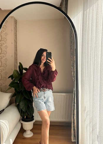 s Beden bordo Renk Bordo Uzun Kollu fırfırlı gömlek