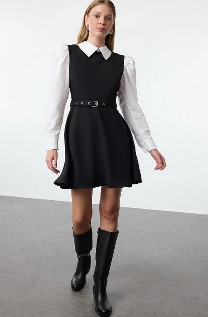 Siyah Kemerli Mini Elbise - Görsel 5