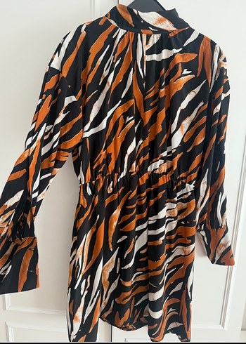 Kahverengi Zebra Desenli Kısa Kadın Elbise - Görsel 5