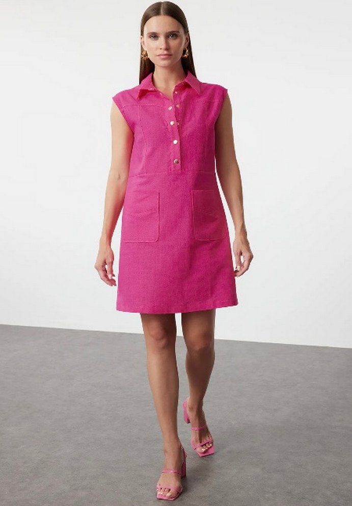 Düğmeli Pembe Midi Kadın Elbise - Görsel 2