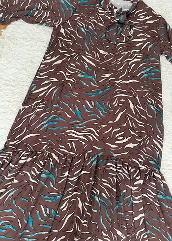 xl Beden Kahverengi Zebra Desenli Uzun Kadın Elbise
