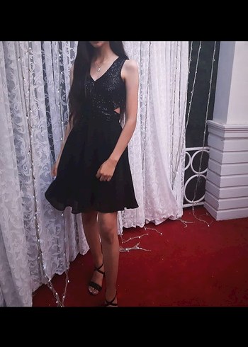 Siyah V Yakalı Mini Abiye Elbise - Görsel 3