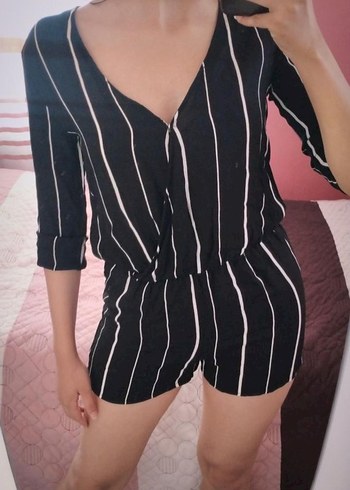 Siyah Beyaz çizgi Desenli V Yaka Kadın Tulum - Görsel 2