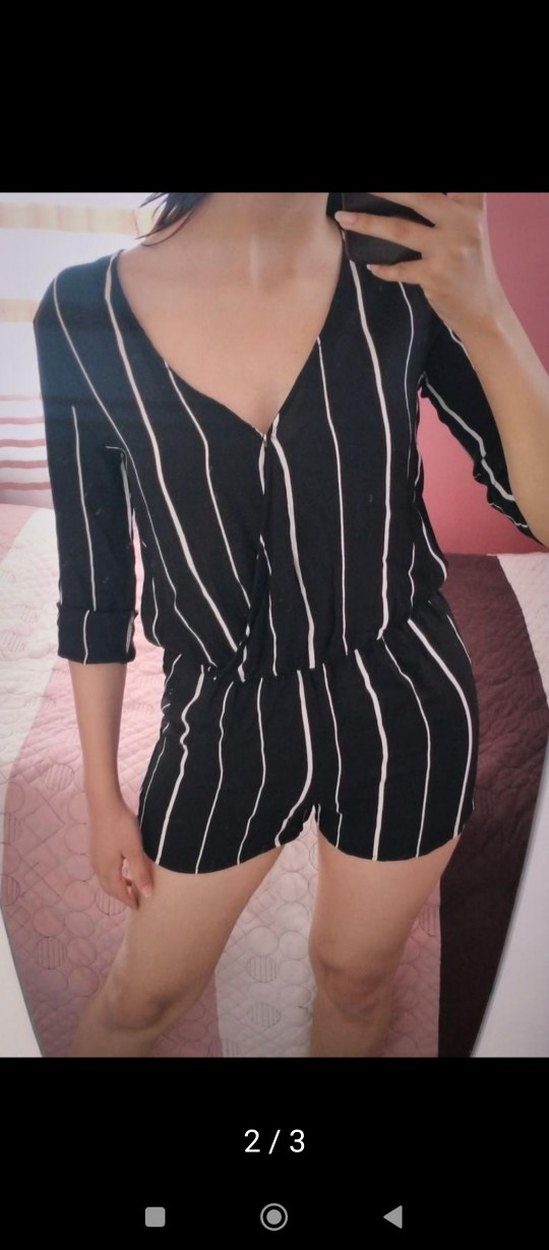 Siyah Beyaz çizgi Desenli V Yaka Kadın Tulum - Görsel 2