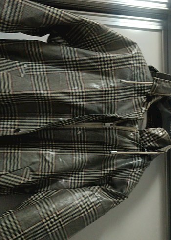 Gri Kareli Midi Street Style Kadın Yağmurluk - Görsel 2