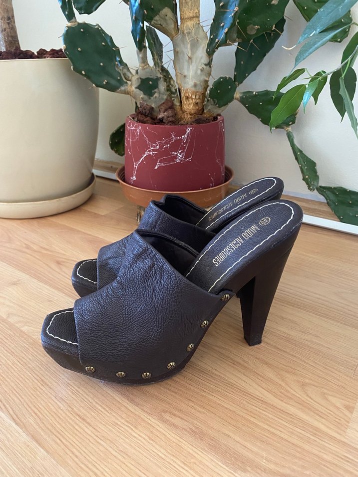 Kahverengi Deri Platform Topuklu Kadın Terlik - Görsel 2