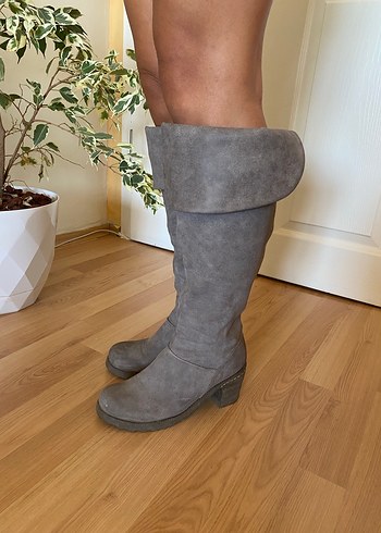 Gri Süet Kadın Dolgu Topuklu Dizüstü Çizme - Görsel 2