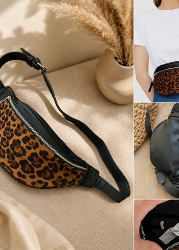 Stradivarius Leopar Desenli Siyah Deri Gorunumlu Bel Cantasi