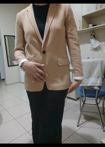 Bej Kadın Ofis Blazeri Uzun Kollu