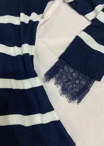 Lacivert Beyaz Çizgili Dantel Detaylı Triko - Görsel 3