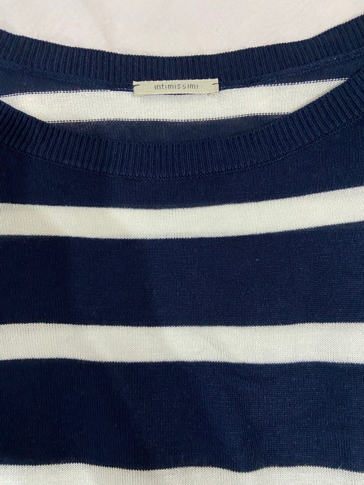 Lacivert Beyaz Çizgili Dantel Detaylı Triko - Görsel 2