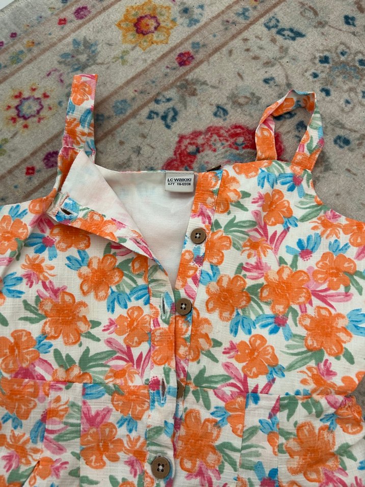 Kız Çocuk Çiçekli Düğmeli Tulum - Görsel 3