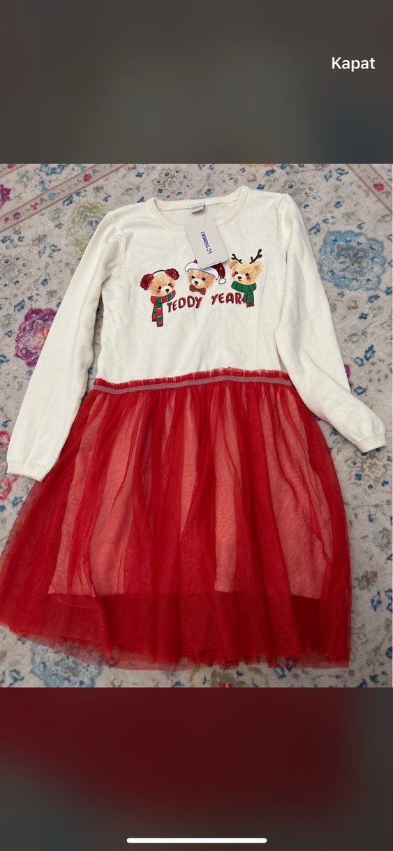 Kız Çocuk Kırmızı Nakışlı Uzun Kollu Elbise - Görsel 3