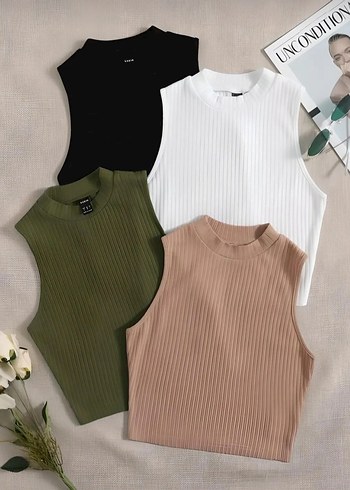 Kadın 4 lü Fitilli %1 00 100 PAMUKLUKolsuz Yüksek Yaka Crop Top